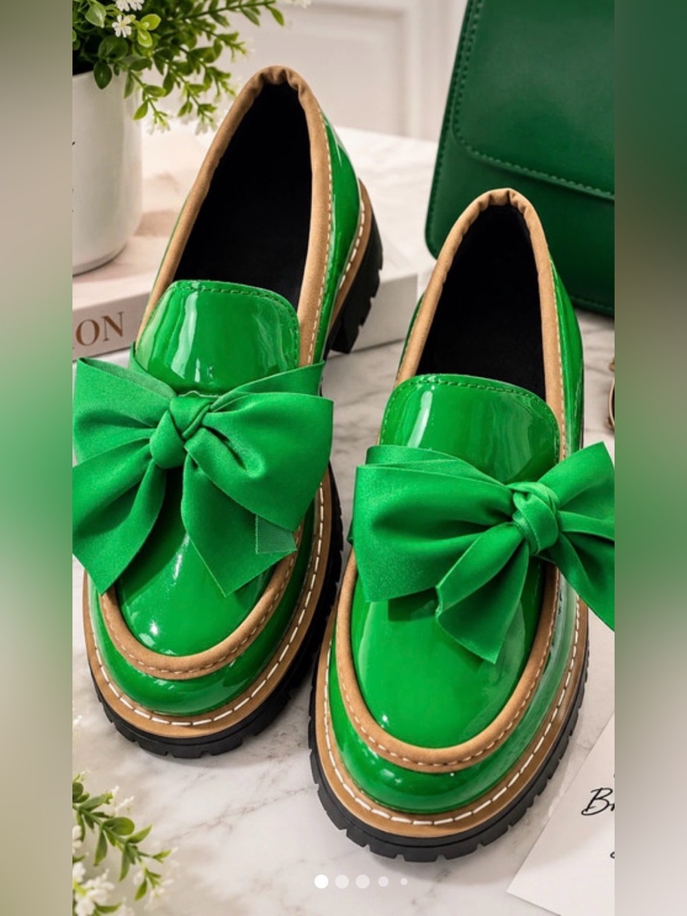 Generic Women’s Green Patent Leather Platform Loafers Bow Slip-On Shoes Size 37
